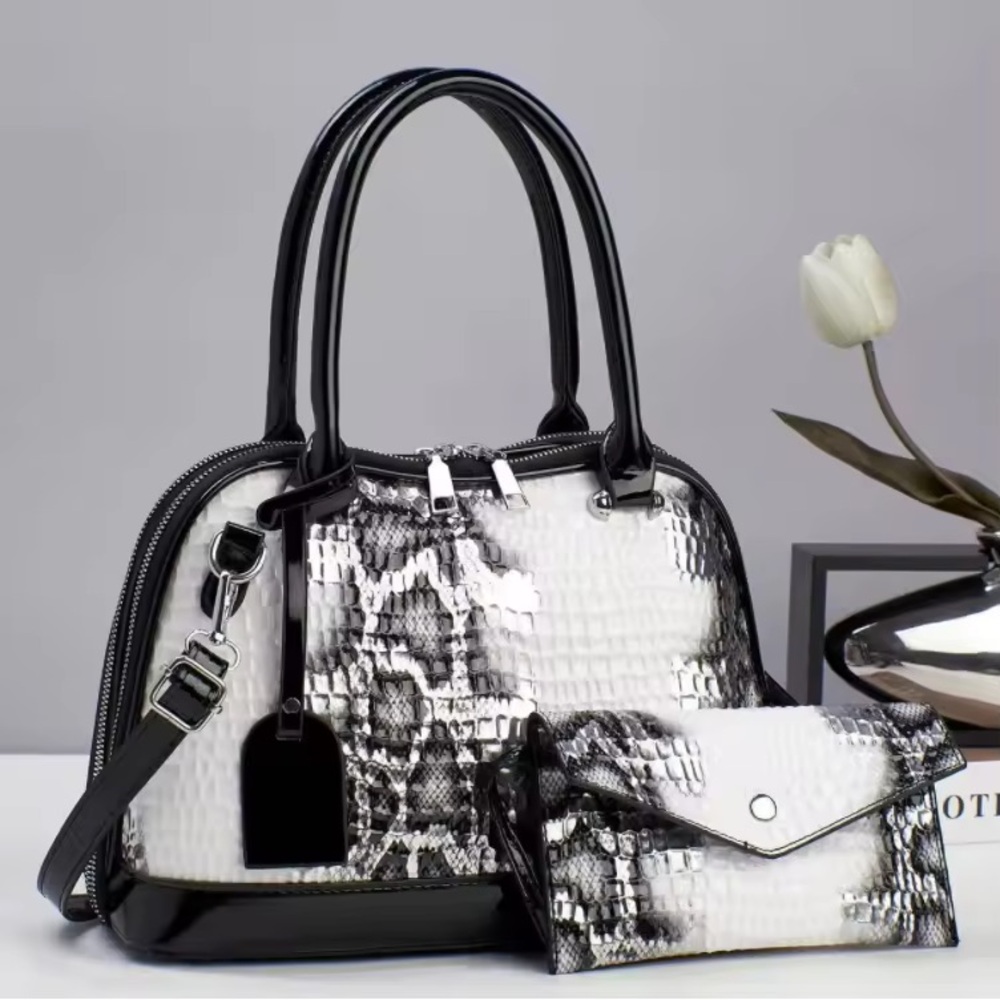 Vegan Leather Snake Embossed Black and White Handbag Set NEW